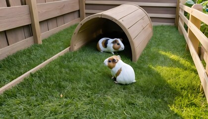 Guinea pigs exploring their outdoor enclosure on fresh green grass