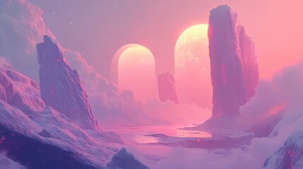 Dreamscape Arches: Ethereal Landscape with Mystical Rock Formations and Pink Sky