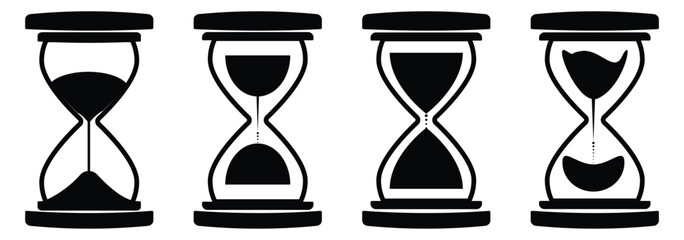 A classic hourglass set filled with sand marking the passage of time. Monochrome hourglass icon set depicting the passage of time through the flow of sand in a minimalist design.