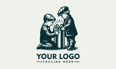 Charming illustration of a young child wearing a festive Christmas hat holding a glowing gift box. Holiday concept