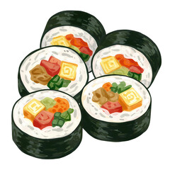 Gimbap (Korean Seaweed Rice Rolls), Asian Street Food, Watercolor Illustration