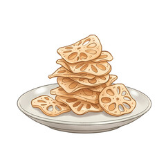 Crispy Lotus Root Chips, Asian Vegetarian Snack, Watercolor Illustration