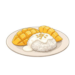 Mango Sticky Rice with Coconut Milk, Thai Dessert Watercolor Illustration