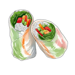 Vietnamese Spring Rolls (Gỏi Cuốn), Fresh Rice Paper Rolls with Vegetables, Watercolor Illustration