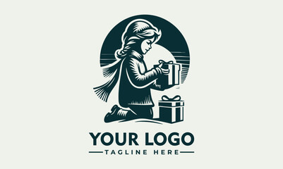 Charming illustration of a young child wearing a festive Christmas hat holding a glowing gift box. Holiday concept