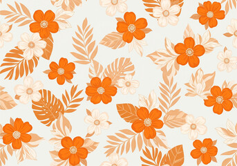 Seamless vibrant botanical pattern with abstract orange/off-white flowers & tropical leaves on a light background.
