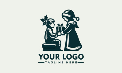 Charming illustration of a young child wearing a festive Christmas hat holding a glowing gift box. Holiday concept