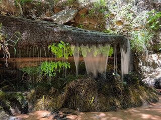 clear stream water trickling over rock cliff edge and green ferns 