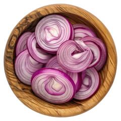 Freshly sliced red onions arranged neatly in a wooden bowl for culinary preparation isolated on transparent background.