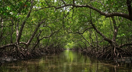 Serene Mangrove Forest Canopy Reflecting in Calm Waterway Ecotourism Theme