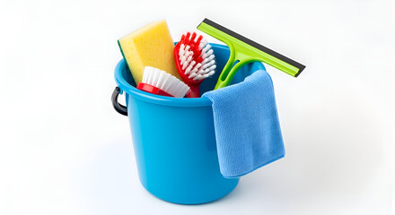 A centered blue bucket and cleaning tools inside on white
