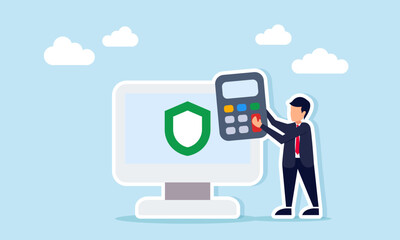 Businessman holding a calculator next to a monitor displaying a shield illustration of a secure business application program for financial consultant