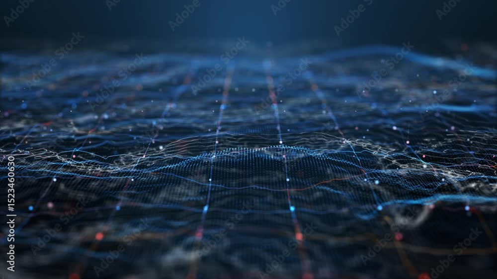 Poster futuristic digital grid background with glowing blue and red particle.