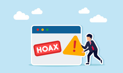 Businessman holding warning sign next to app interface showing hoax board illustration of scam website or app alert