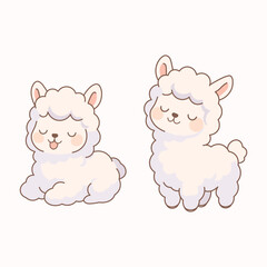 Cute pastel alpaca illustration with kawaii cartoon style and soft cream tones