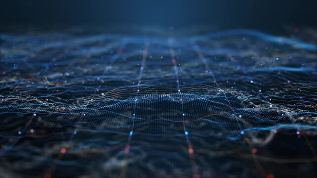 Futuristic Digital Grid Background with Glowing Blue and Red particle.
