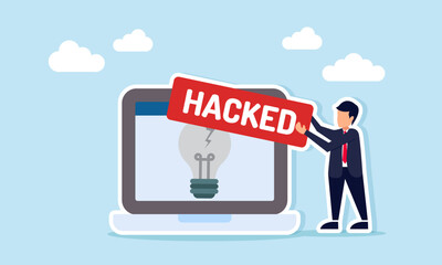 businessman holding hacked sign next to laptop with broken light illustration of business idea theft warning by rival hacker