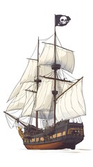 Naklejka premium Detailed illustration of a sailing ship with a pirate flag.