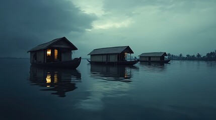 Serene houseboats float peacefully under a moody twilight sky, capturing the allure of aquatic tranquility