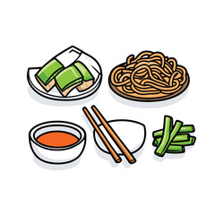 Asian food set with noodles and tofu