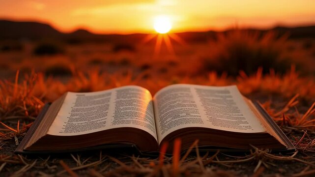 Worn Bible Open on Dry Grass at Sunset A Stunning 24k Video of Faith Hope and Nature
