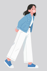 Walking Woman in Blue Jacket and White Pants