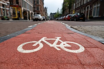 Urban bicycle lane with red brick surface and white bicycle symbol, city street background with buildings and trees in warm tones, peaceful infrastructure concept.