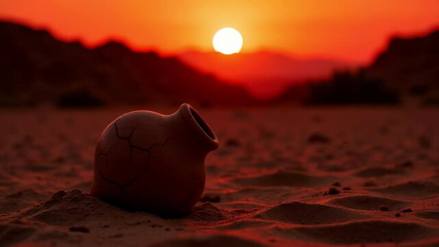Clay Jar Sunset Silhouette Sandy Ground Red Sky Desert Artifact Ancient Pottery Evening Dusk