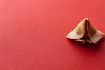 Solitary fortune cookie on red surface