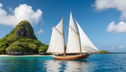 Fototapeta premium Sailboat gliding in crystal clear waters near tropical island