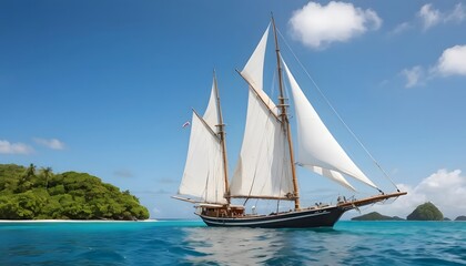 Fototapeta premium Sailing ship gliding through turquoise waters near tropical island