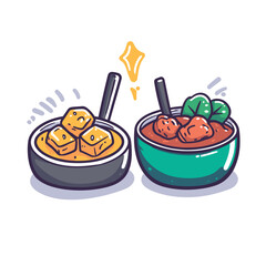 Cartoon bowls with tofu and meatballs meal