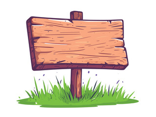 Cartoon wooden sign standing in grass, outdoors