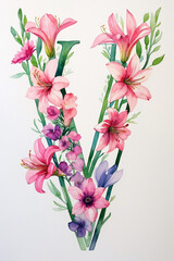 Obraz premium Charming Botanical Alphabet With Watercolor Lily Letter Design For Feminine Stationery Wedding Wall Poster floral and botanical alphabet illustration design