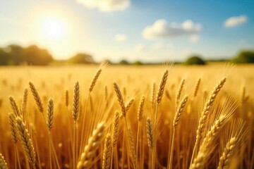 Fototapeta premium Golden wheat field shimmering under a summer sun, stalks swaying gently in the breeze A picturesque landscape of agricultural abundance and natural beauty , vegetation, stalk