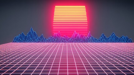 Synthwave sunset over geometric neon landscape