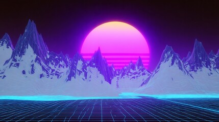 Retro futuristic landscape with neon sun