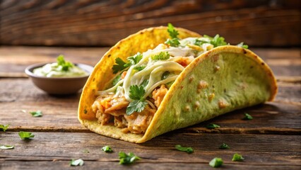 Golden taco with shredded chicken and creamy green sauce