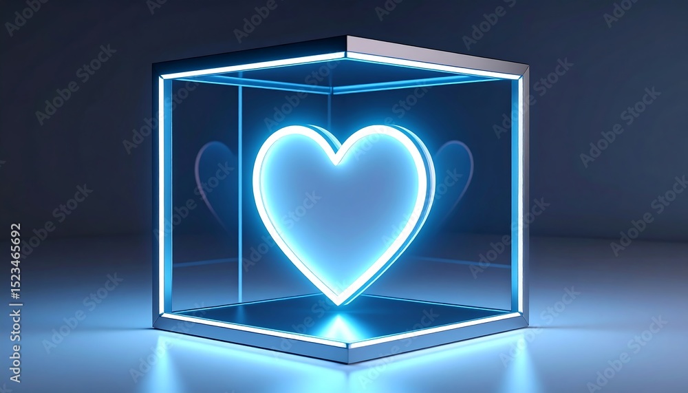 Poster a glowing blue heart is enclosed in a transparent cube with illuminated edges on a dark reflective s