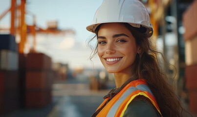Smiling Portrait of a Beautiful Latin Female Industrial Engineer in White Hard Hat, High-Visibility Vest Working on Tablet Computer. Inspector or Safety Supervisor in Container Terminal