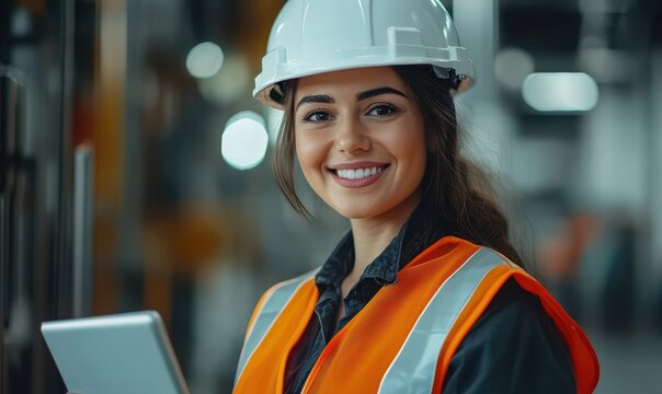 Smiling Portrait of a Beautiful Latin Female Industrial Engineer in White Hard Hat, High-Visibility Vest Working on Tablet Computer. Inspector or Safety Supervisor in Container Terminal