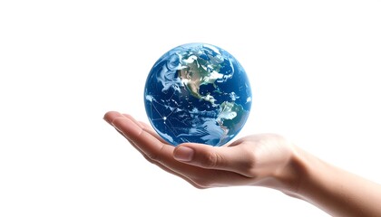 A hand gently holds a glowing digital globe of the Earth against a bright white background, symbolizing global connection and care.
