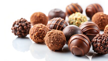 Chocolate truffles on a white background , small, treat,  small, treat, rich aromas, chocolate candies collection