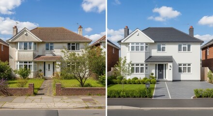 Comparison between a traditional home with aged exterior and a modern renovated home with updated facade and landscaping
