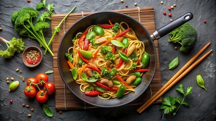 A wok filled with stir-fried noodles and vegetables