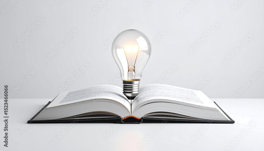 Poster a lit lightbulb sits on an open book on a white surface, symbolizing the connection between knowledg