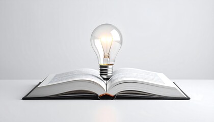 A lit lightbulb sits on an open book on a white surface, symbolizing the connection between knowledge and ideas.