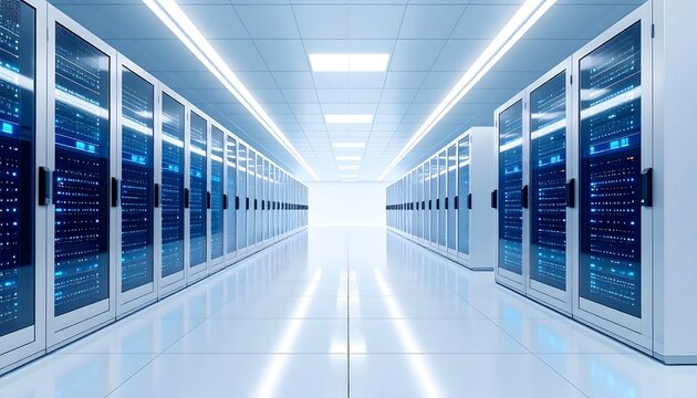A long, well-lit corridor in a data center with rows of server racks on either side and reflective floors.