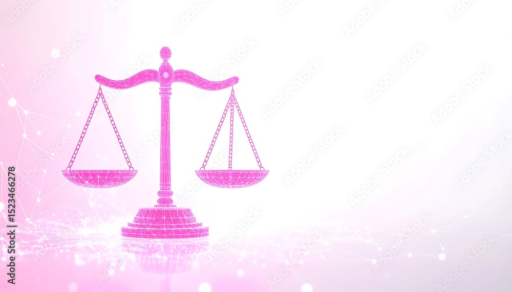 Poster a pink wireframe scale of justice on a bright abstract background with glowing digital network conne