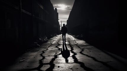 Streets in the old town with shadows in the sun, retro style, black and white